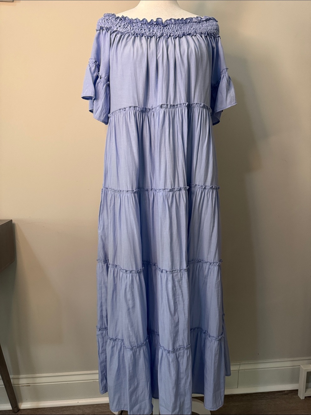 entro Light Lavender Off-the-Shoulder Tiered Maxi Dress
